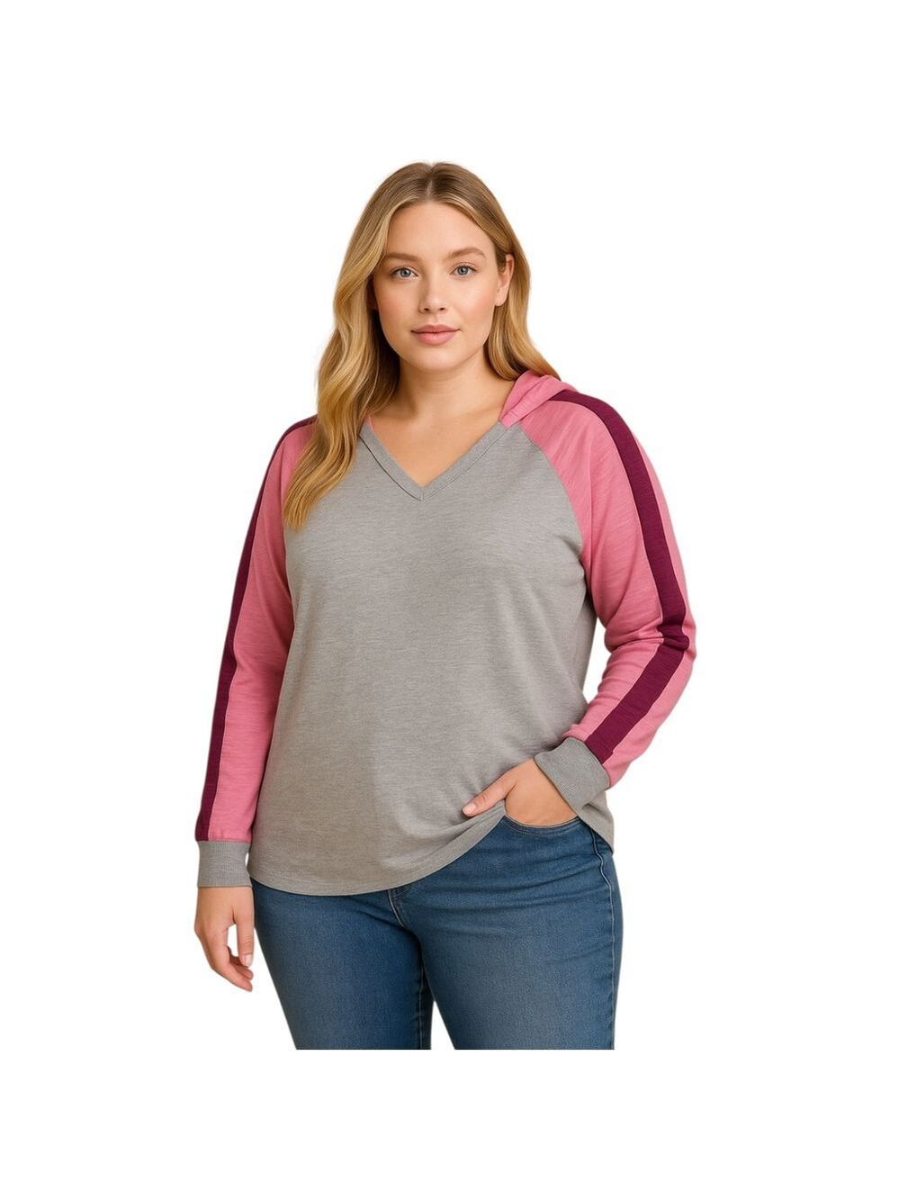 Torrid Super Soft Slub Jersey Colorblock Hoodie Gray Pink Burgundy Size 2 (2X)